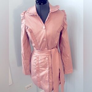 Vintage Lapis Dusty Pink Sz M Ruffled Spring Belted Long Fitted Trench Coat